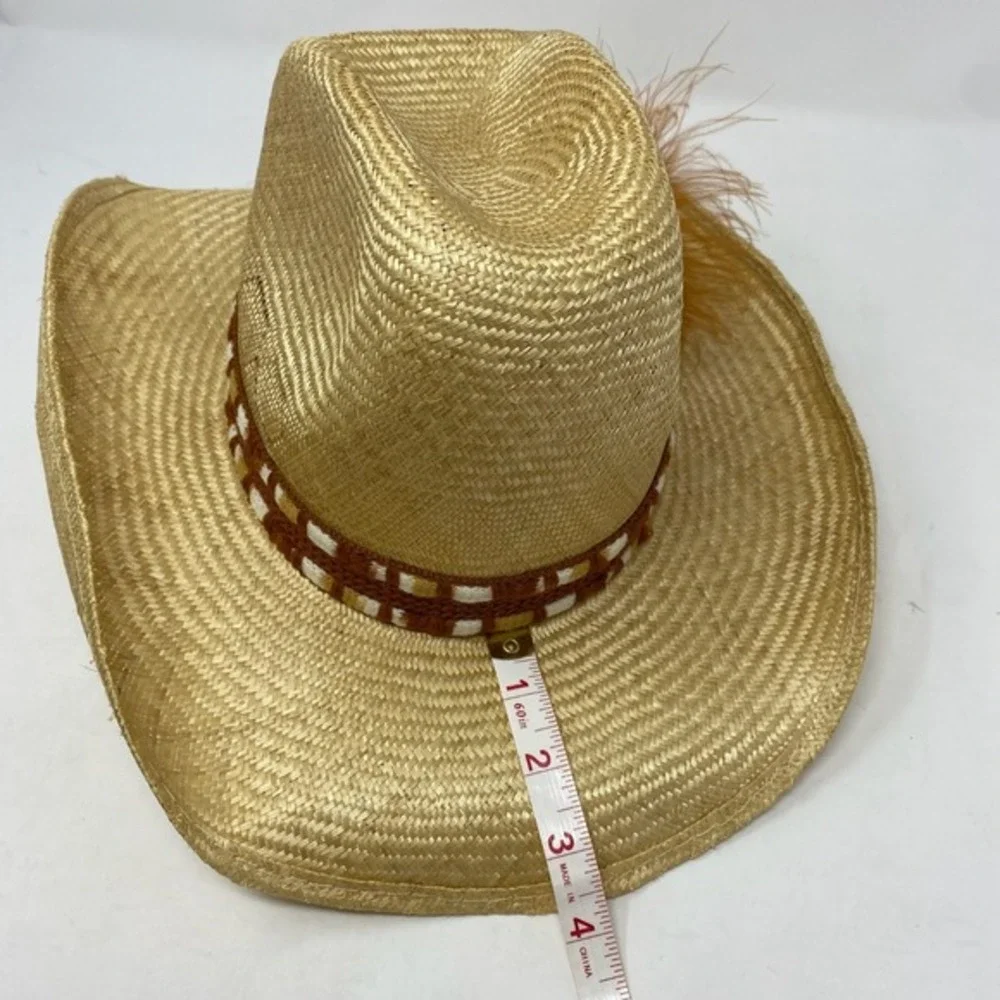 Vtg Stomper Unisex Cowboy Hat Woven‎ Band Feather Accent Straw  Western Rodeo